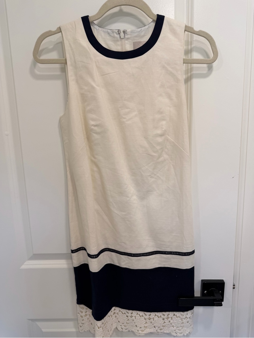 LOFT Cream and Navy Sleeveless Shift Dress with Lace Trim
